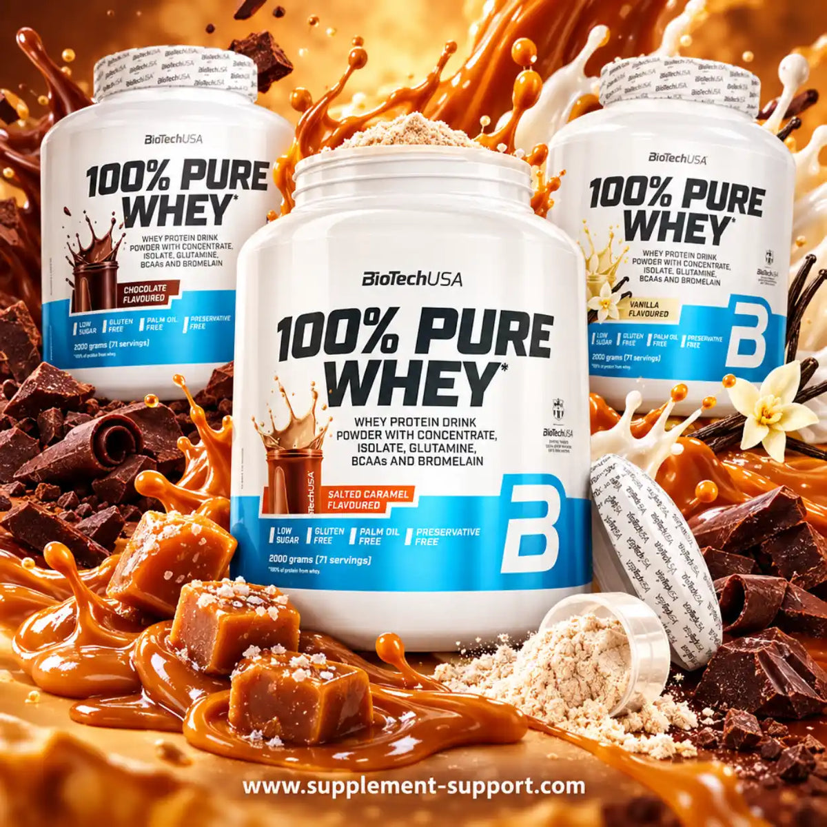 BioTech USA 100% Pure Whey Protein Pulver in verschiedenen Geschmacksrichtungen mit Karamell