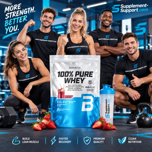 BioTech USA 100% Pure Whey Proteinpulver 900g mit sportlichen Menschen im Fitnessstudio.