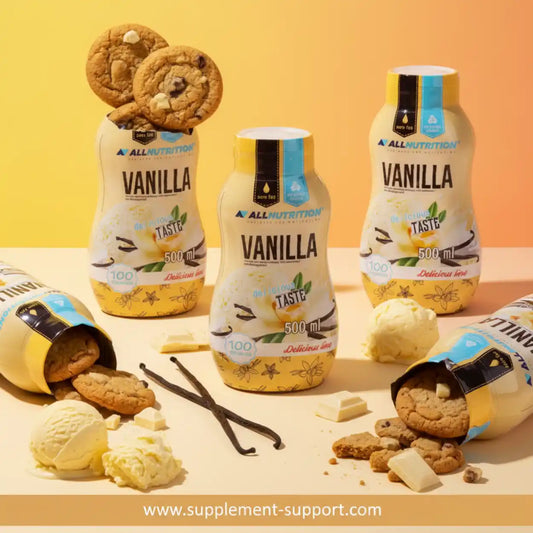 All Nutrition Vanilla Sauce Zero Sugar 500ml mit Keksen und Vanilleeis
