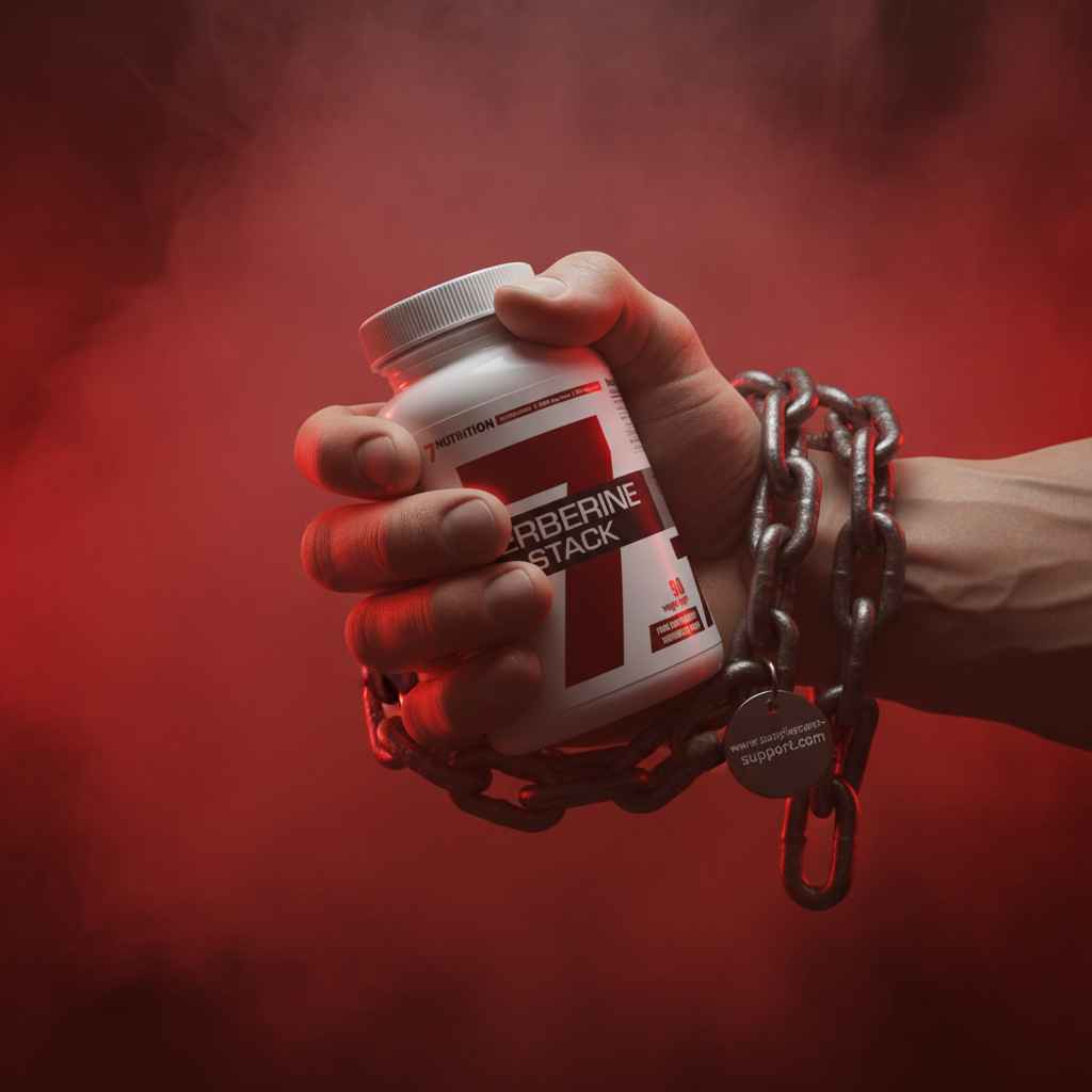 Hand, die eine Dose Berberine Stack hält, während sie in Ketten liegt, vor rotem Hintergrund.