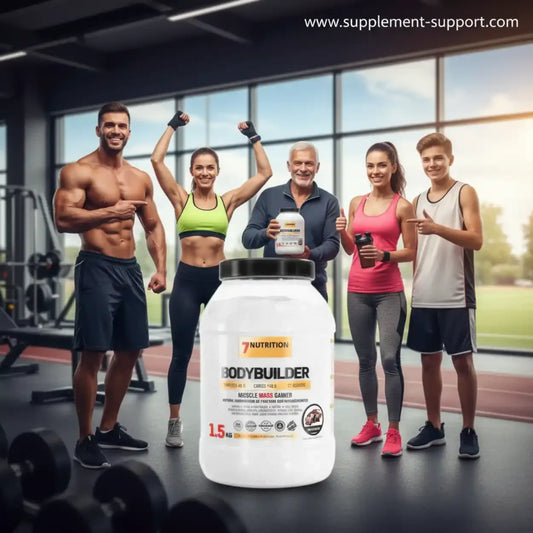 7Nutrition Bodybuilder Muscle Mass Gainer Proteinpulver mit einer Gruppe fittem Sportler im Gym