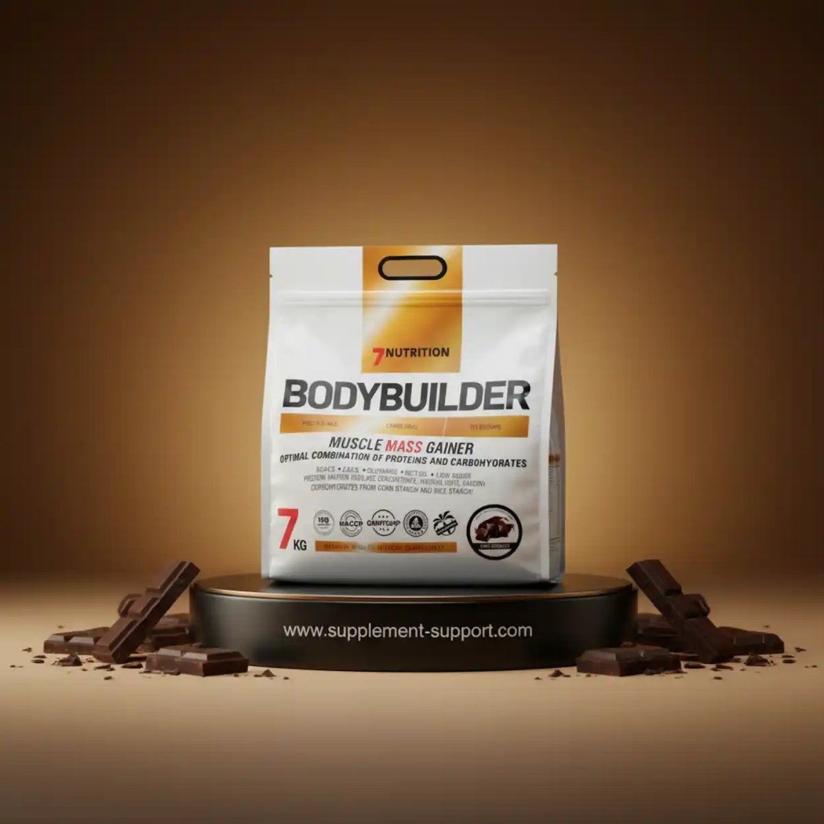 Bodybuilder Muscle Mass Gainer mit Schokoladengeschmack auf einem Podest.