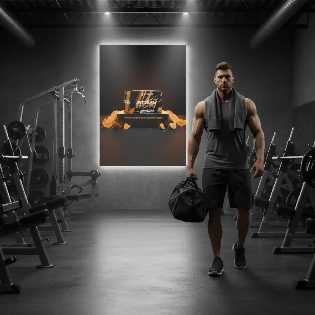 Muskulöser Mann mit Sporttasche in einem Fitnessstudio vor einem Poster mit Nahrungsergänzung.