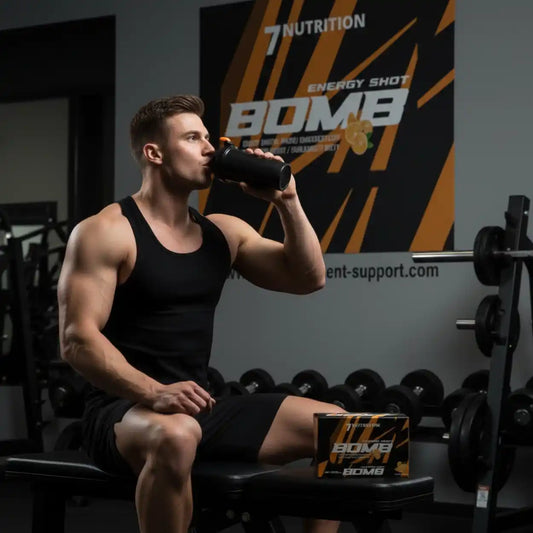 Muskulöser Mann im Fitnessstudio trinkt aus einem Energy Shot von BOMB Nutrition.