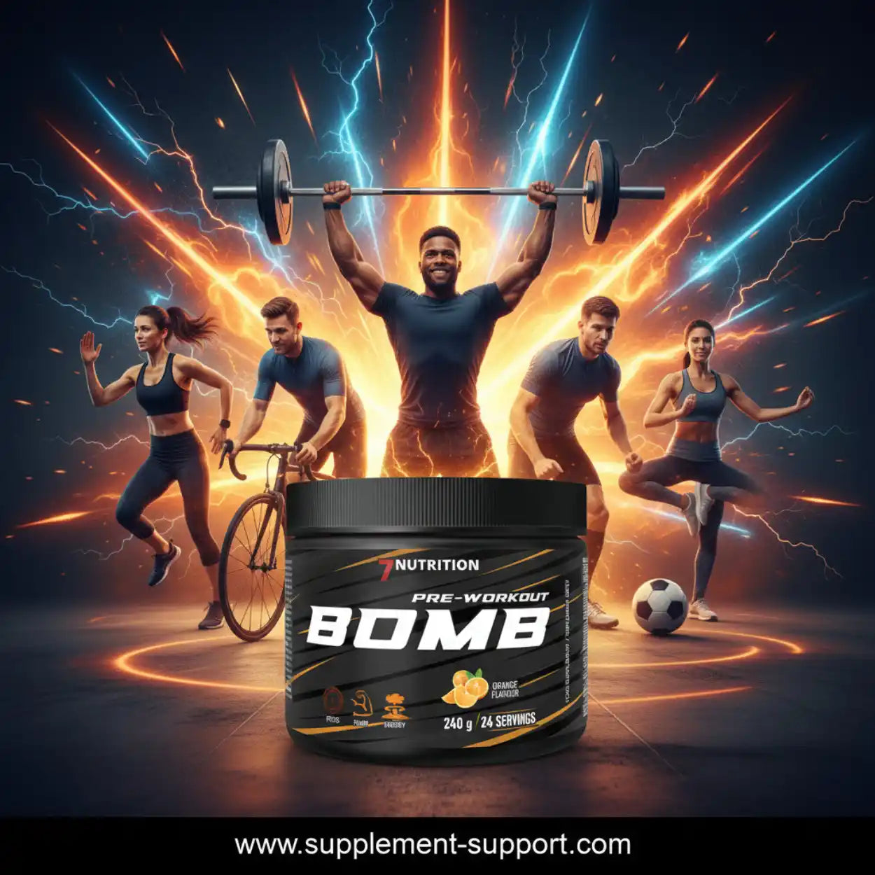 7Nutrition Pre-Workout Bomb Nahrungsergänzung in Orange mit Sportlern und energetischem Hintergrund