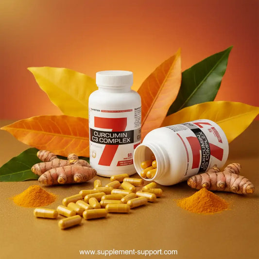 Curcumin C3 Complex Nahrungsergänzung in Kapseln mit Kurkuma-Wurzeln und Pulver