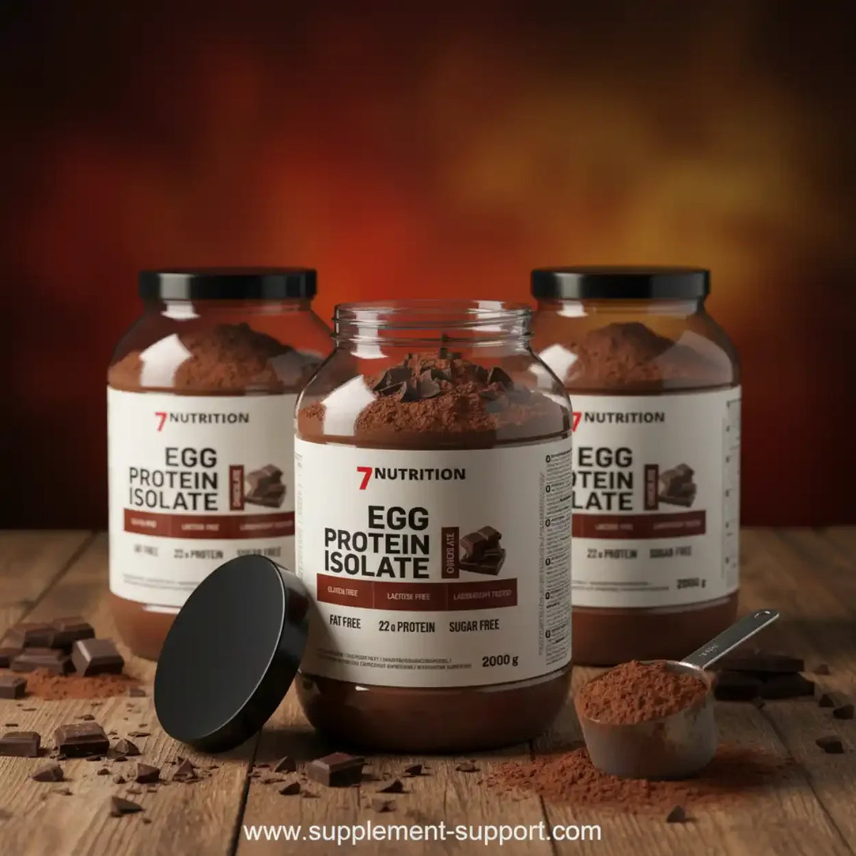 Drei Dosen 7Nutrition Egg Protein Isolate Schokolade mit Schokoladenstücken auf Holztisch