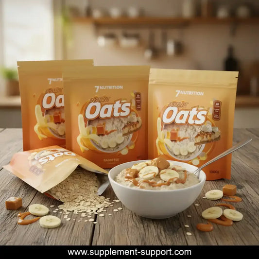 7Nutrition Instant Oats Banoffee Haferflocken, Verpackung und Müsli-Schale mit Bananen und Karamell, Nahrungsergänzung für Sportler bei Supplement-Support.com