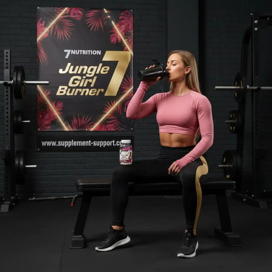 Frau in Sportbekleidung trinkt aus einem Shaker vor einem Jungle Girl Burner Banner im Fitnessstudio