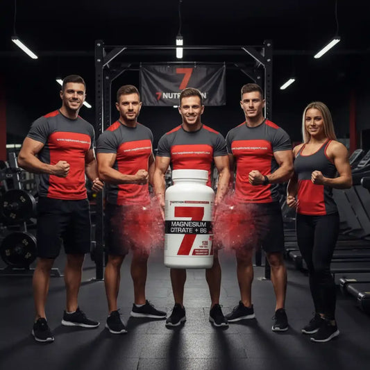 Gruppe von Sportlern im Fitnessstudio mit Magnesium Citrat + B6 Nahrungsergänzungsmittel