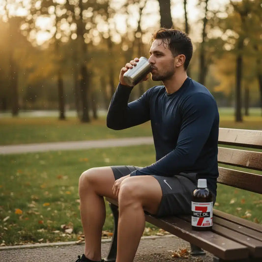 Athlet trinkt MCT Öl nach Training im Park, ideal für Fitness und Sportnahrung