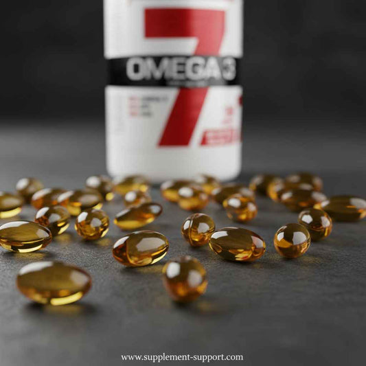 Omega-3-Kapseln vor Flasche, Nahrungsergänzung für Sportler und Fitness