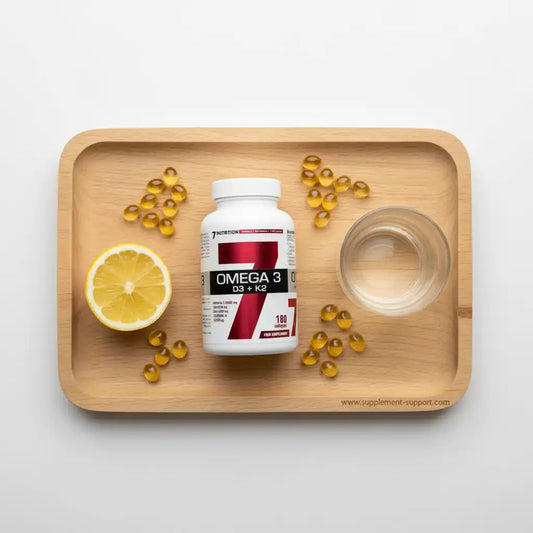 Omega-3-Kapseln mit Vitamin D3 und K2 auf Holztablett mit Zitrone und Wasser