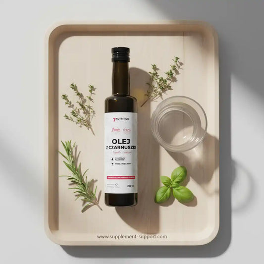 Olivenöl mit Kräutern und Glas auf Holztablett für Sportler und Fitness