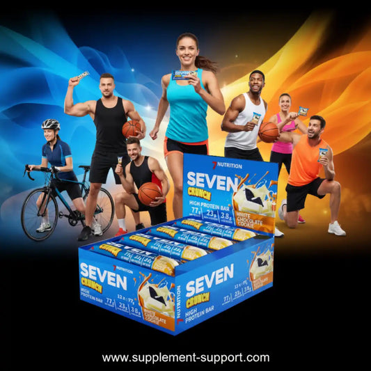 Sportler mit Seven Crunch High Protein Riegeln in White Chocolate Cookie Geschmack