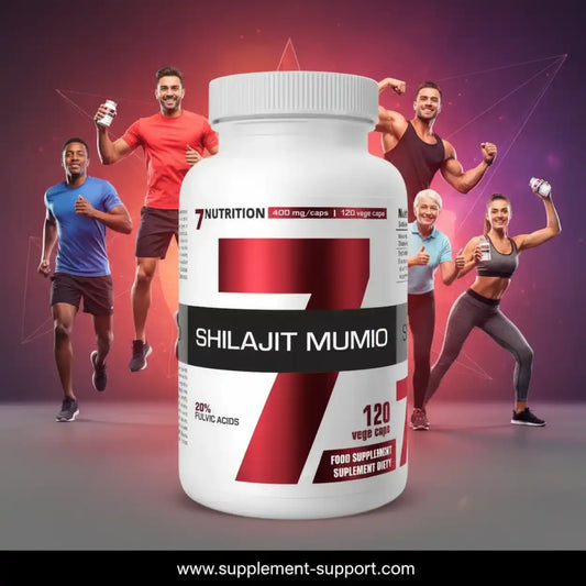 7Nutrition Shilajit Mumio Nahrungsergänzungsmittel mit 120 Veggie-Kapseln vor sportlichen Menschen.