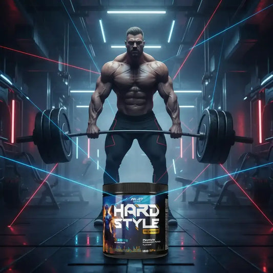 Muskulöser Mann mit Hantel und Hard Style Pre-Workout in futuristischem Fitnessstudio