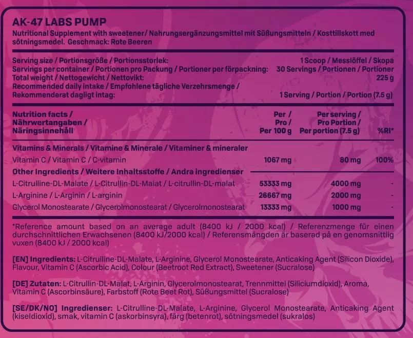 Nährwerttabelle und Zutatenliste von AK47 Pump Nahrungsergänzungsmittel, 225g