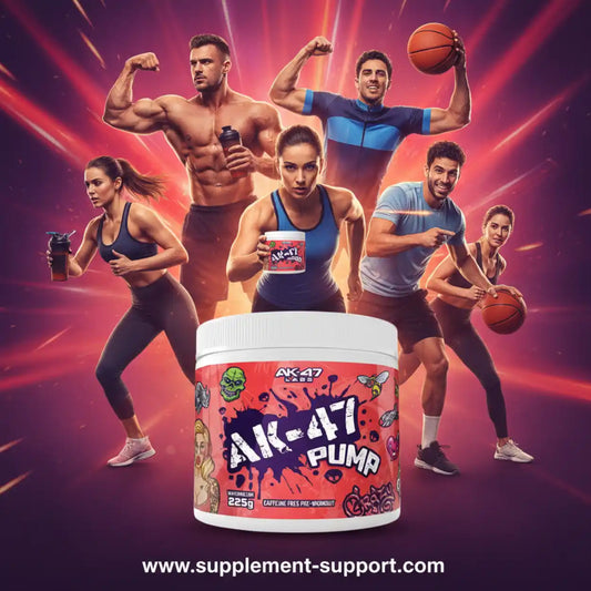 AK-47 Pump Pre-Workout Supplement Dose mit Sportlern im Hintergrund