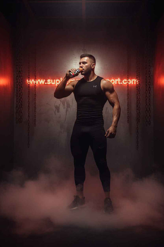 Muskulöser Athlet trinkt Sportnahrung in rauchiger Fitnessumgebung mit Neonlicht