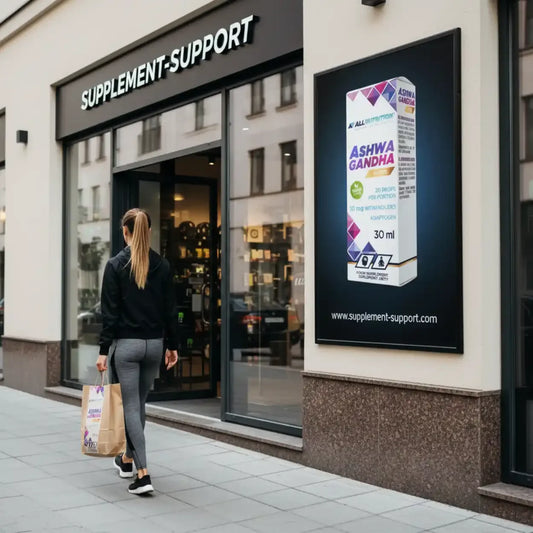 Frau vor Supplement-Support Laden in Berlin, Werbetafel für Ashwagandha Tropfen, Sportnahrung