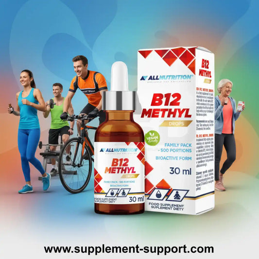 All Nutrition Vitamin B12 Methyl Tropfen 30ml Flasche und Packung mit sportlichen Personen.