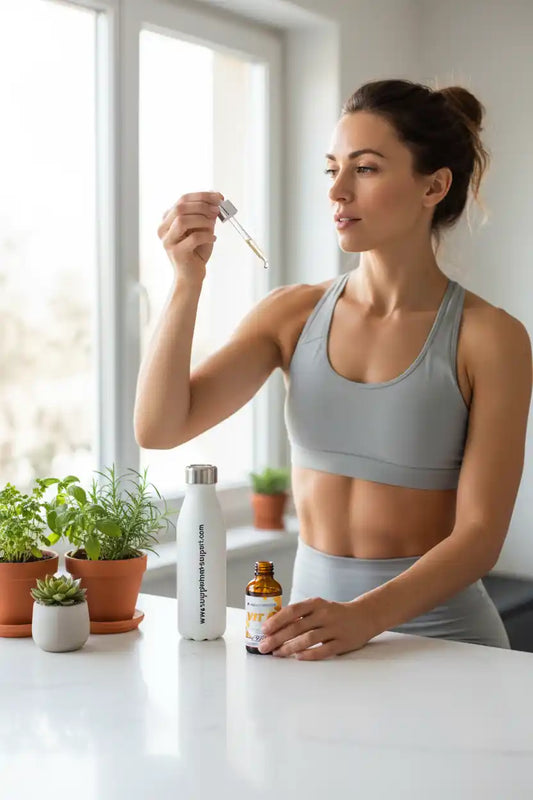 Frau mit Sportbekleidung nimmt Nahrungsergänzungsmittel mit Pipette ein, ideal für Fitness und Gesundheit