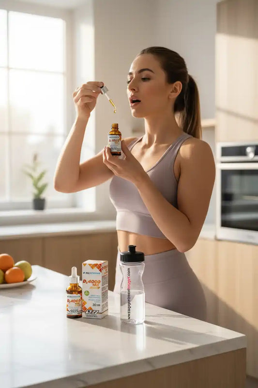 Frau nimmt Vitamin D3 Tropfen in moderner Küche – Nahrungsergänzung für Sportler und Fitness