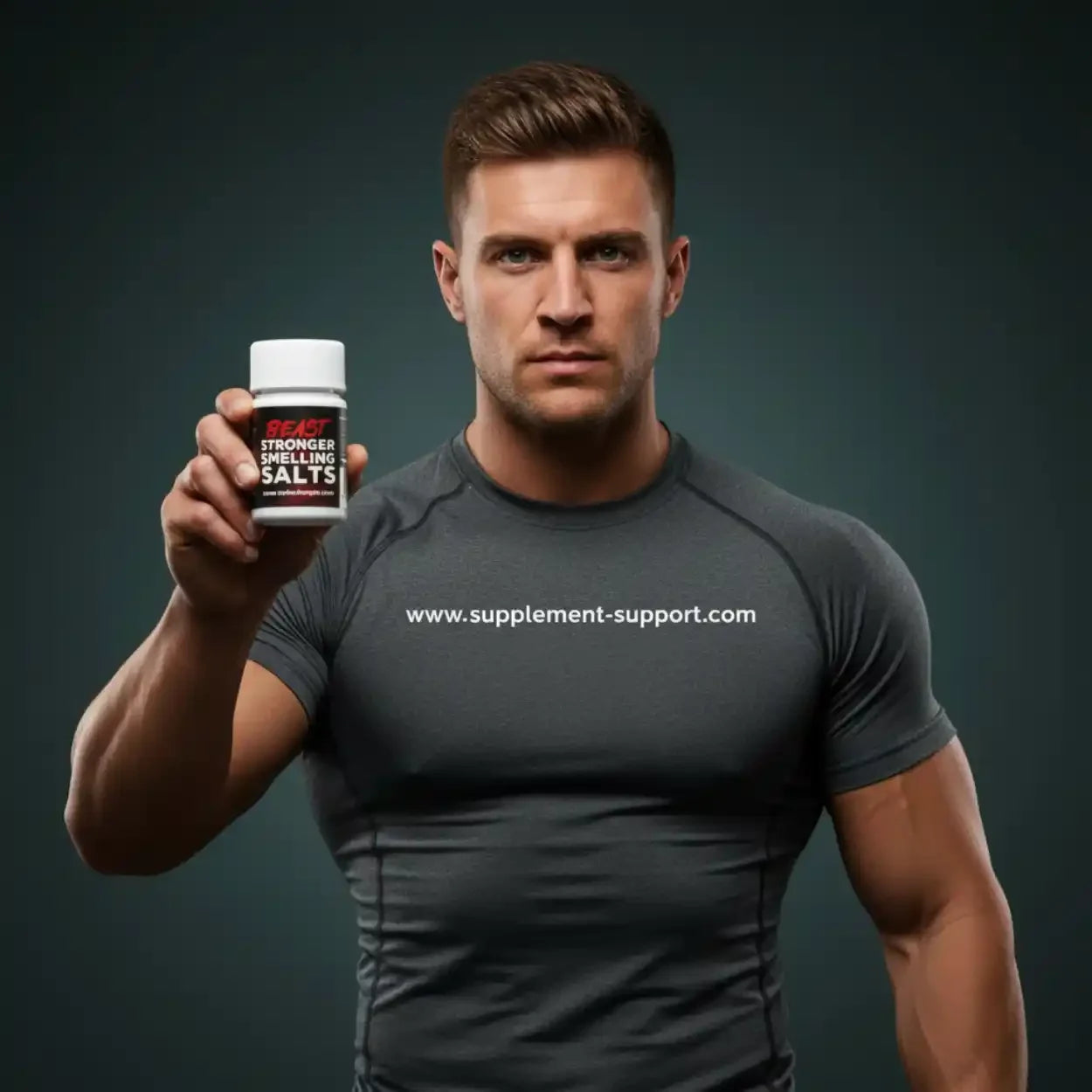 Sportlicher Mann hält Behälter für Riechsalze vor dunklem Hintergrund, Fitness Supplement