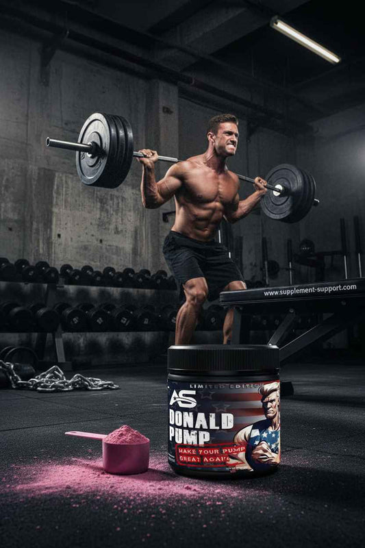 Muskulöser Mann mit Hantel und Donald Pump Pre-Workout Pulver im Fitnessstudio
