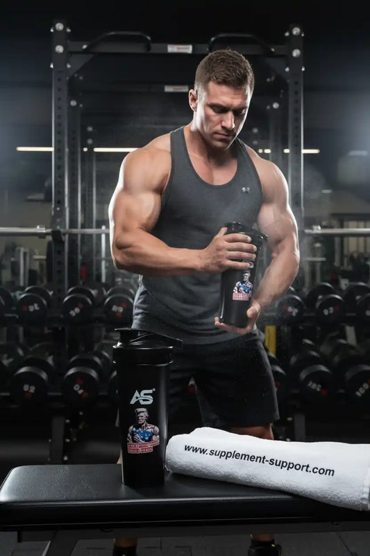 Muskulöser Mann im Fitnessstudio mit Shaker und Handtuch – Nahrungsergänzung für Sportler