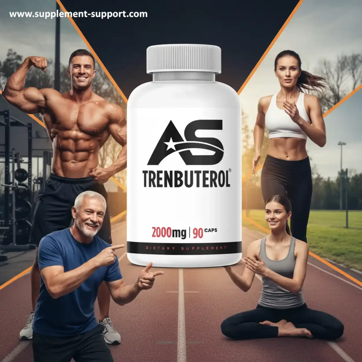 American Supps Tren-buterol TsT-Booster Nahrungsergänzungsmittel mit Sportlern auf Laufbahn.