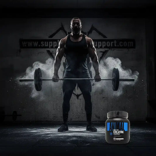 Muskulöser Athlet mit Langhantel und Animal Creatine Kreatin-Pulver im Fitnessstudio