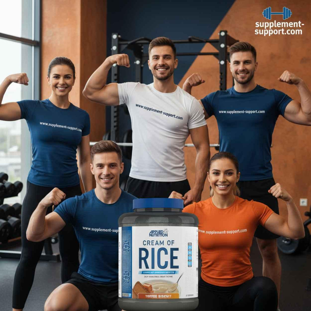 Applied Nutrition Cream of Rice Toffee Biscuit mit sportlichen Menschen im Fitnessstudio