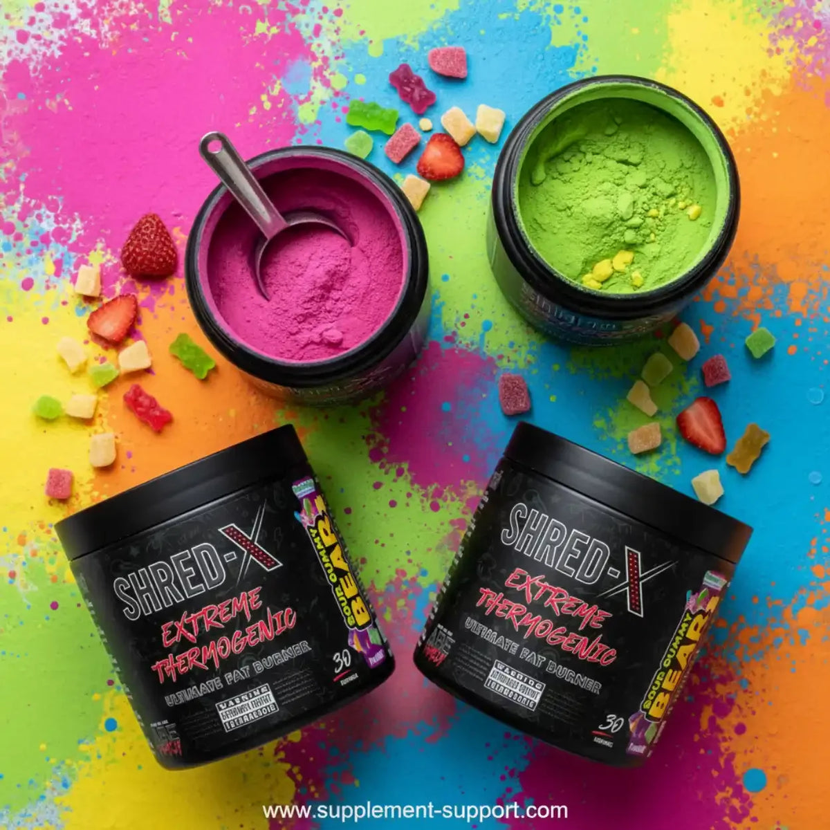 Applied Nutrition Shred-X Extreme Thermogenic Fatburner in Pink und Grün auf buntem Hintergrund.