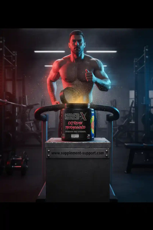 Muskulöser Athlet mit Shred-X Extreme Thermogenic in Fitnessstudio, ideal für Sportler und Fitness