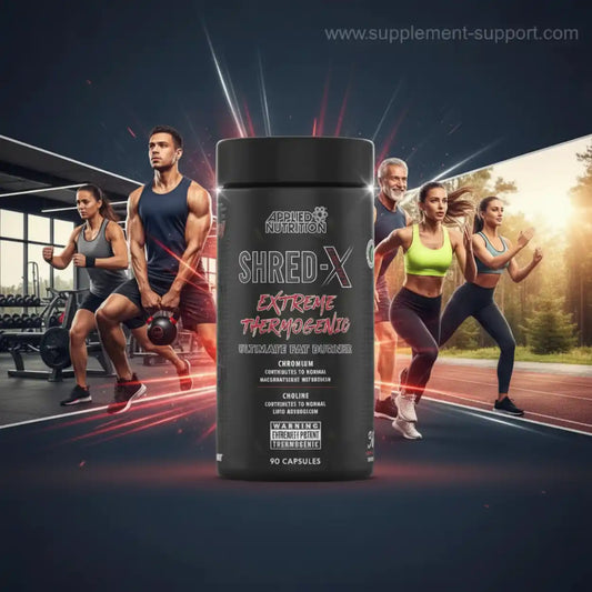 Applied Nutrition Shred-X Extreme Thermogenic Fat Burner mit 90 Kapseln vor sportlichen Personen.