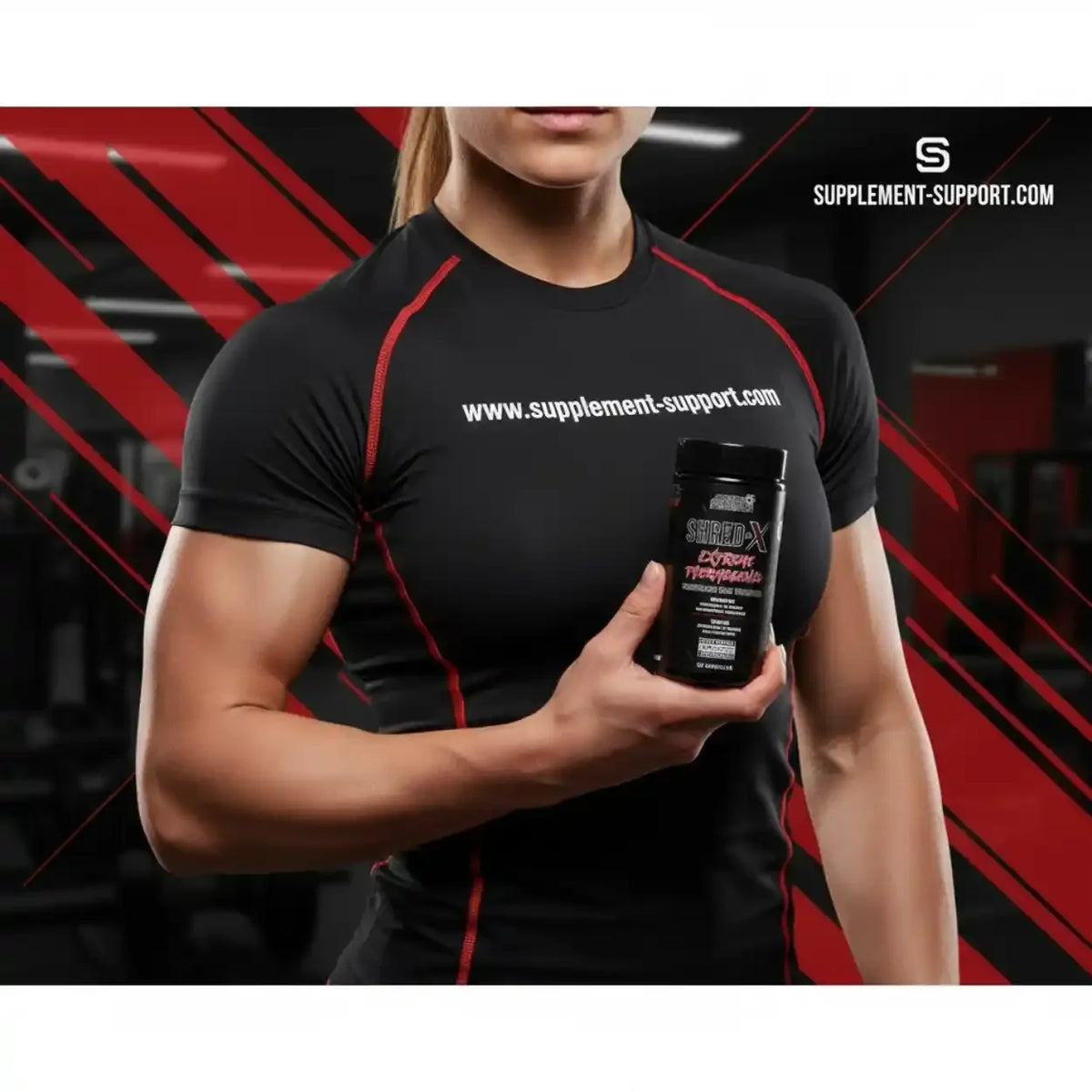 Sportlerin hält eine Dose Applied Nutrition Shred-X EXTREM Nahrungsergänzungsmittel.