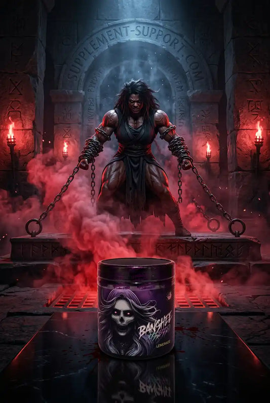 BANSHEE V3 Possessed Booster von Undergrund Labs vor einem muskulösen Krieger in dunkler Tempelkulisse.