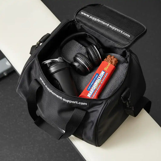 Schwarze Sporttasche mit Proteinriegel, Shaker und Kopfhörern – ideal für Fitness & Training