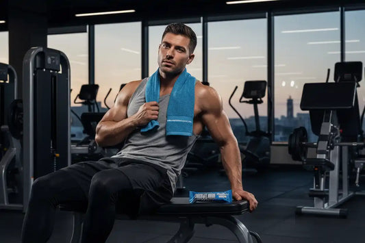 Muskulöser Mann im Fitnessstudio mit Proteinriegel, ideal für Sportler und Fitness-Enthusiasten