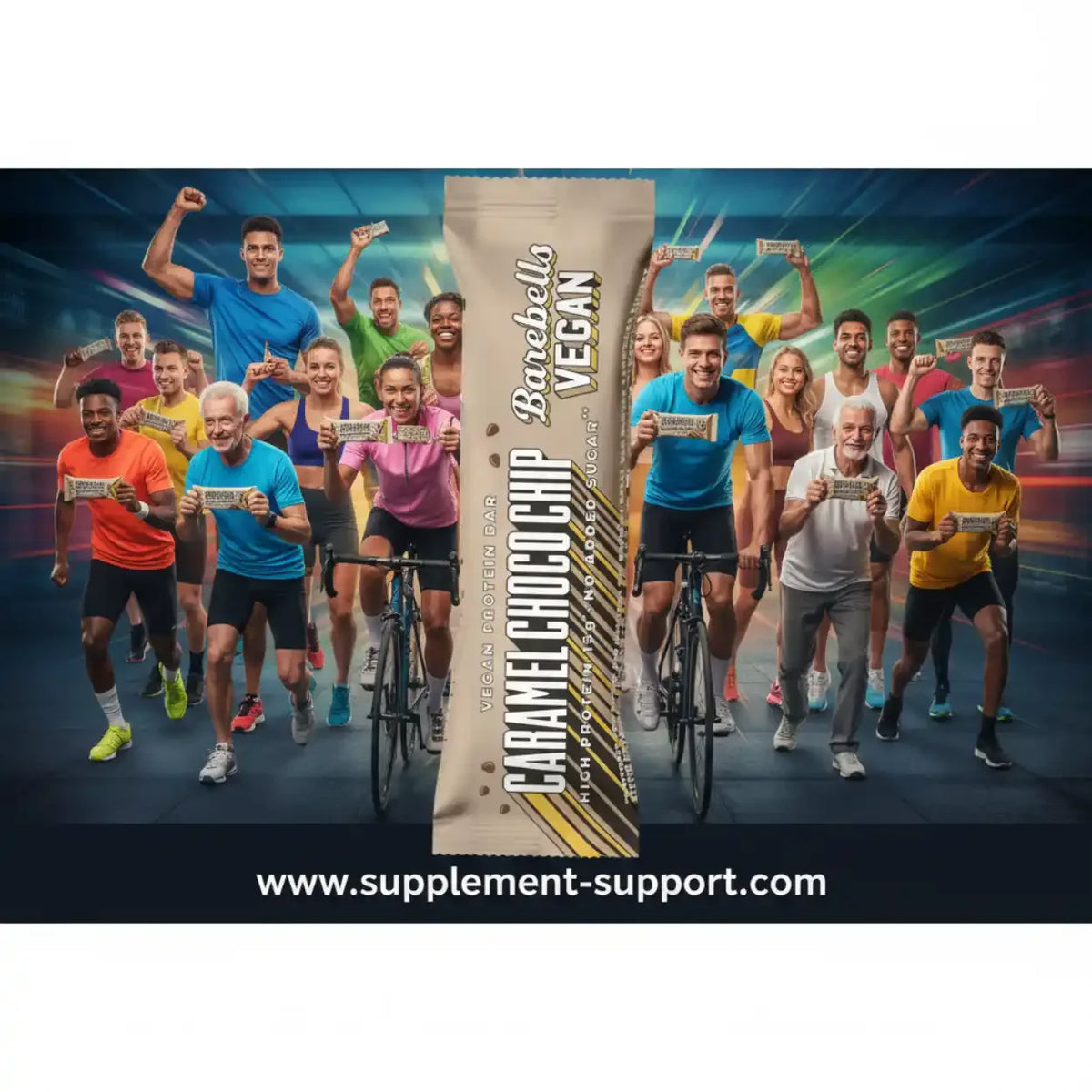 Barebells Vegan Protein Riegel Caramel Chocochip vor einer Gruppe aktiver Sportler