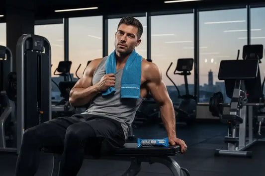 Muskulöser Mann im Fitnessstudio mit Proteinriegel, ideal für Sportler und Fitness-Enthusiasten