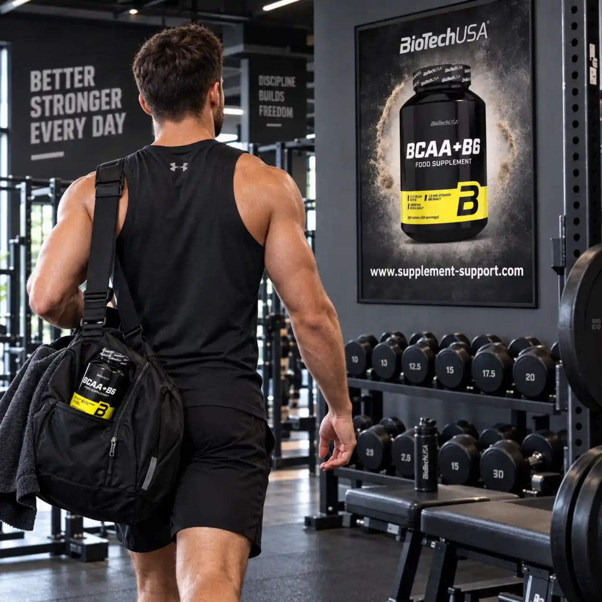 Muskulöser Mann im Fitnessstudio mit BioTech USA BCAA + B6 Supplement.