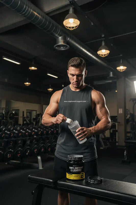 Muskulöser Mann mischt L-Leucin Nahrungsergänzung in einem Shaker im Fitnessstudio.