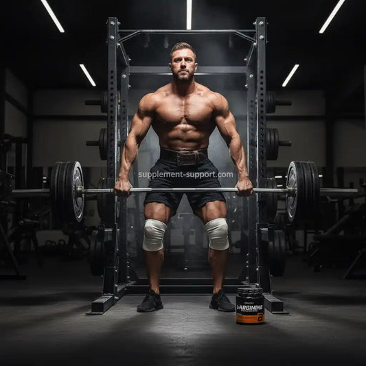 Muskulöser Athlet mit L-Arginin Supplement beim Gewichtheben im Fitnessstudio