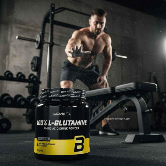 BioTechUSA 100% L-Glutamin Aminosäure Pulver im Fitnessstudio mit Athleten im Hintergrund