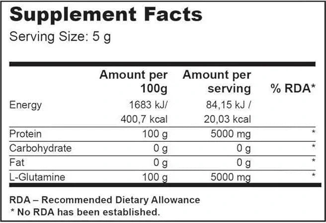 Nährwertangaben für L-Glutamin-Supplement, 5 g Portion, ideal für Sportler und Fitness