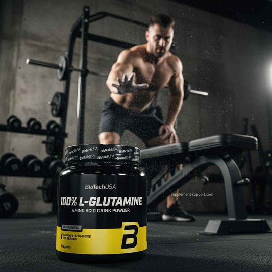 BioTechUSA 100% L-Glutamin Aminosäure Pulver im Fitnessstudio mit Athleten im Hintergrund
