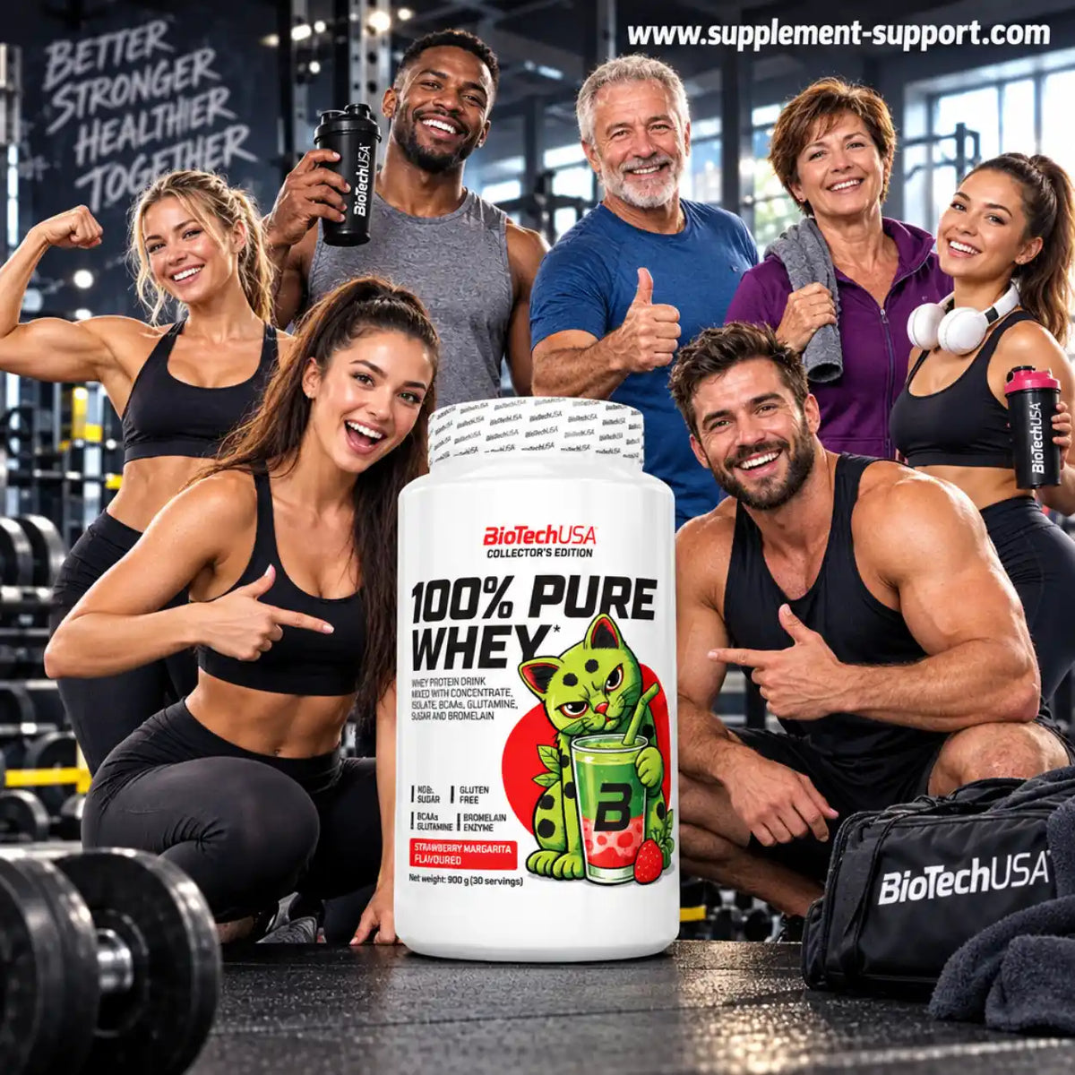 BioTech USA 100% Pure Whey Protein 900g Dose vor einer Gruppe fitter Menschen im Fitnessstudio.